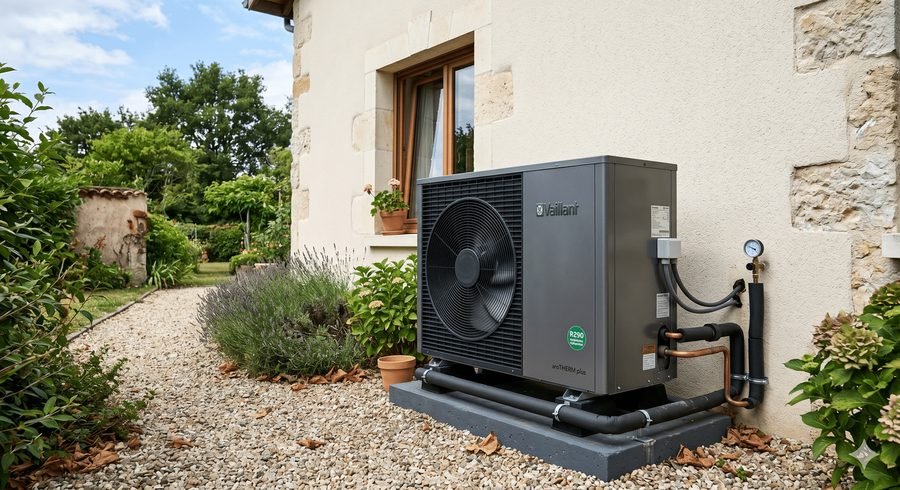 Unité extérieure de pompe à chaleur Vaillant installée dans la cour